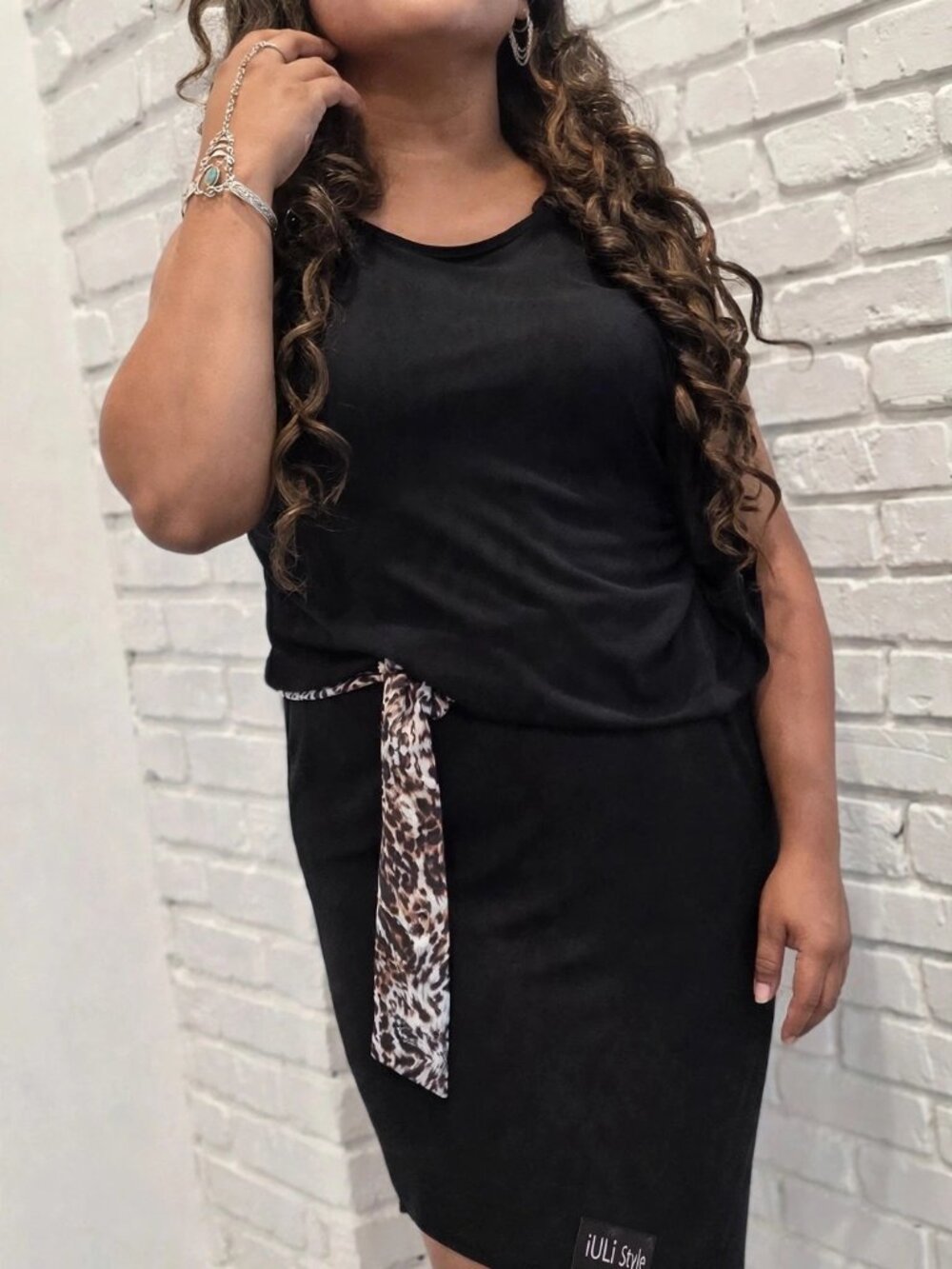 iULi Style Black Sleeveless Dress with Leopard Tie Sash Asymmetric Hem